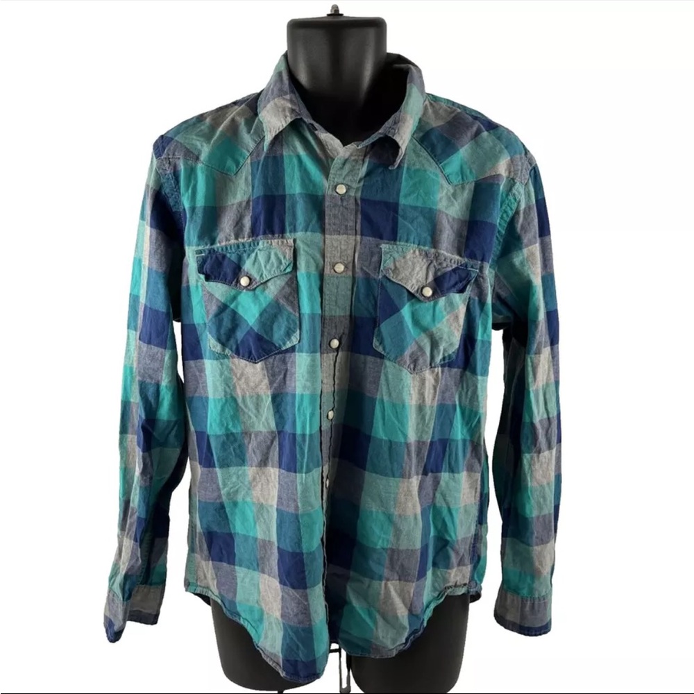 Mens American Eagle Vintage Fit Blue Plaid Pearl Snap Long Sleeve‎ Shirt Sz L